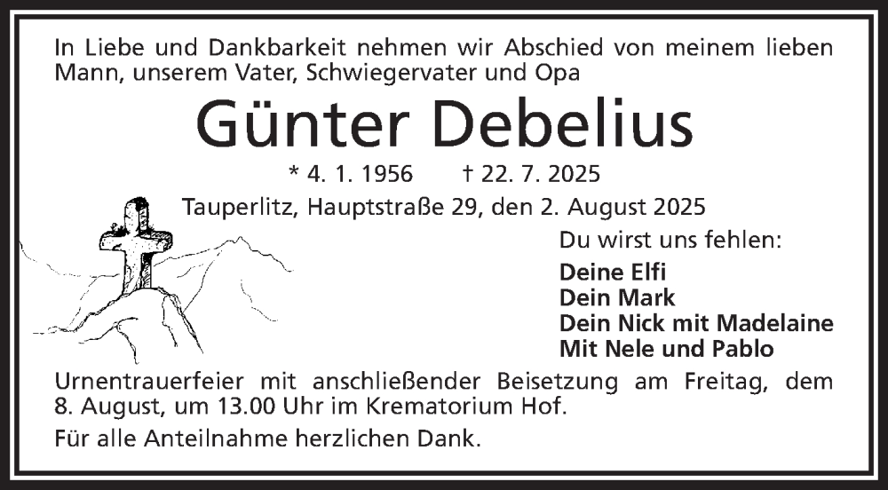  Traueranzeige für Günter Debelius vom 02.08.2025 aus Frankenpost