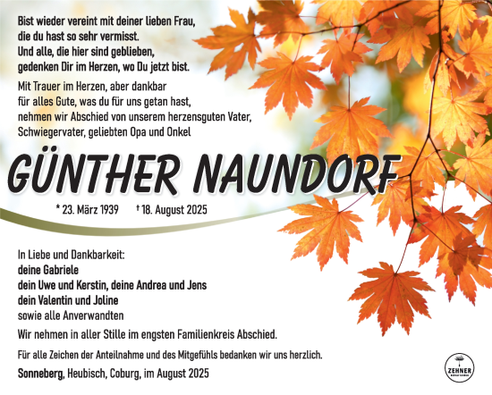 Traueranzeige von Günther Naundorf von Südthüringer Presse