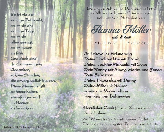 Traueranzeige von Hanna Möller von Südthüringer Presse