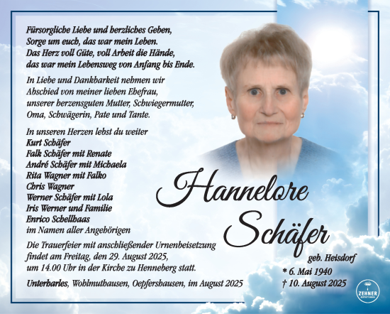 Traueranzeige von Hannelore Schäfer von Südthüringer Presse