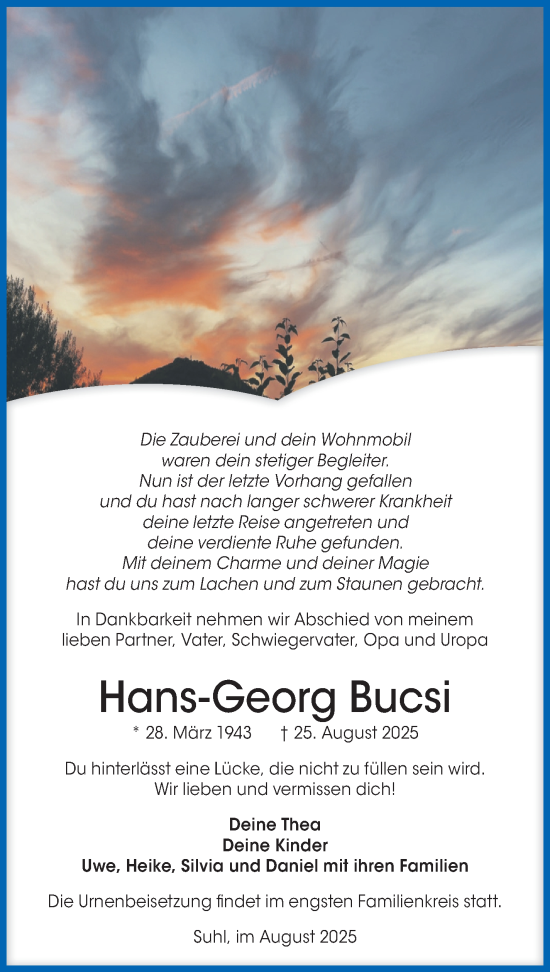 Traueranzeige von Hans-Georg Bucsi von Südthüringer Presse