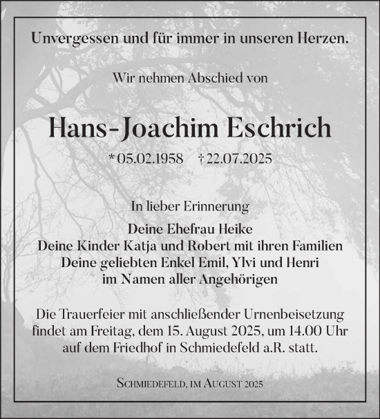 Traueranzeige von Hans-Joachim Eschrich von Südthüringer Presse
