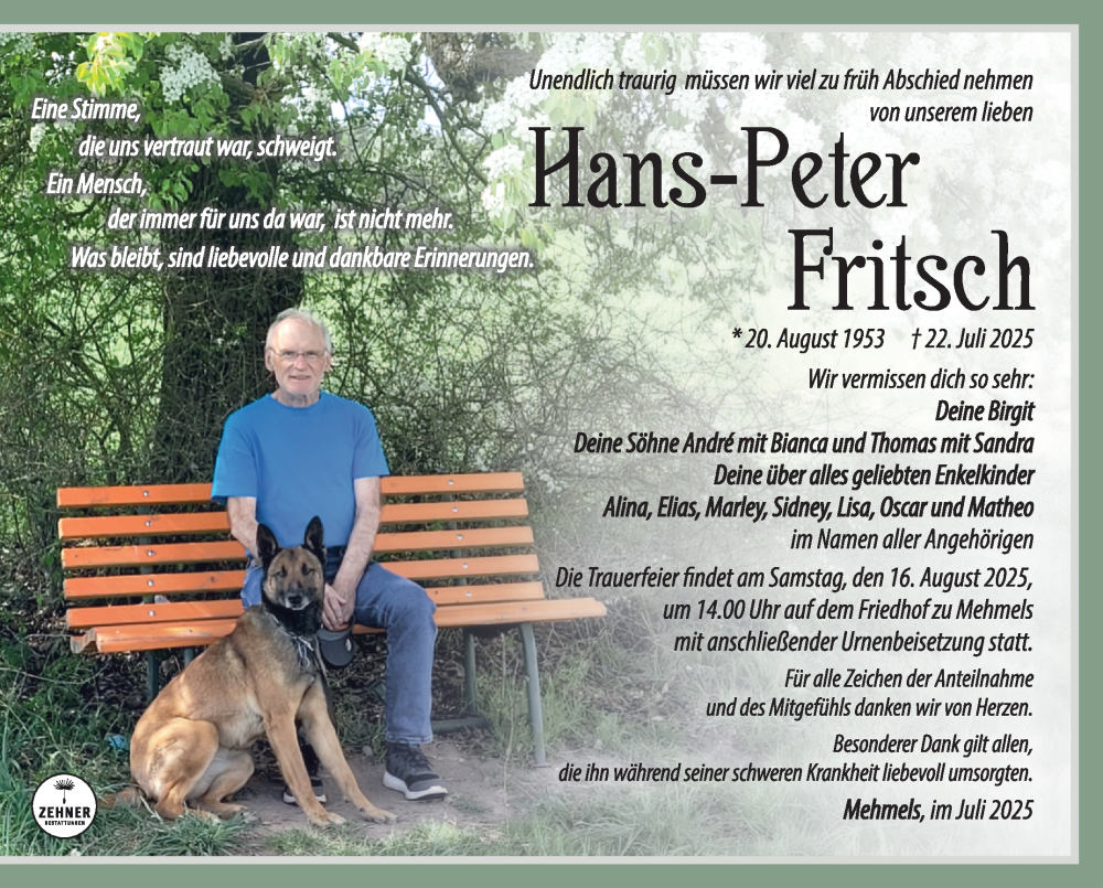  Traueranzeige für Hans-Peter Fritsch vom 09.08.2025 aus Südthüringer Presse