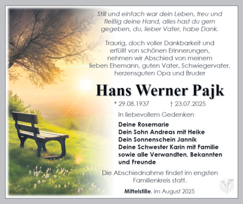  Traueranzeige für Hans Werner Pajk vom 02.08.2025 aus Südthüringer Presse