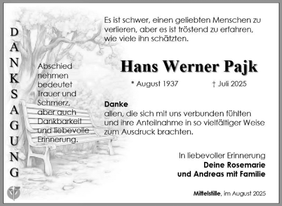 Traueranzeige von Hans Werner Pajk von Südthüringer Presse