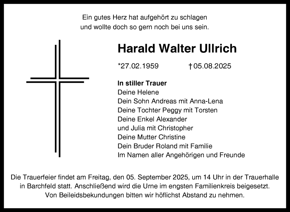  Traueranzeige für Harald Ullrich vom 30.08.2025 aus Südthüringer Presse