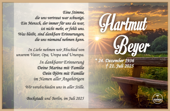 Traueranzeige von Hartmut Beyer von Südthüringer Presse