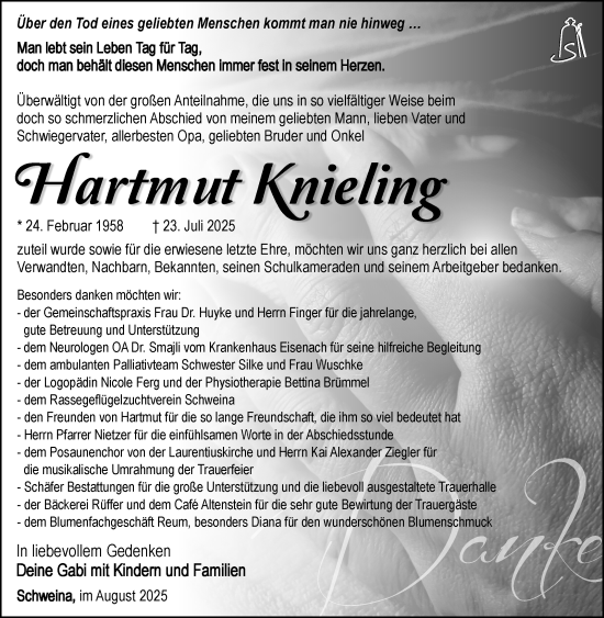 Traueranzeige von Hartmut Knieling von Südthüringer Presse