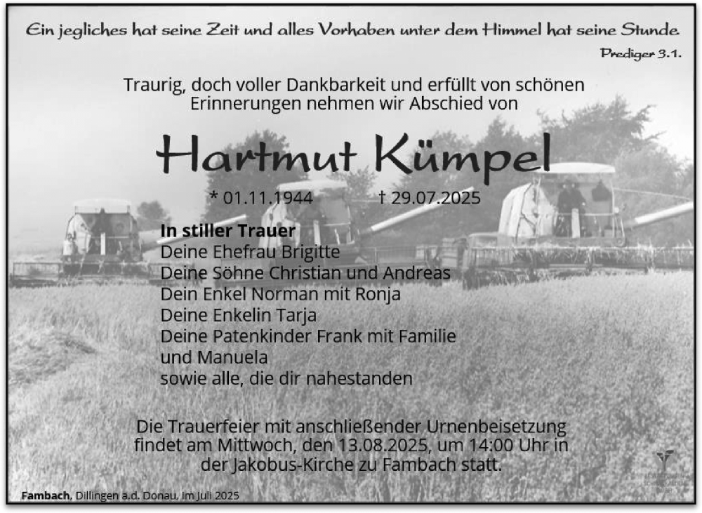  Traueranzeige für Hartmut Kümpel vom 09.08.2025 aus Südthüringer Presse