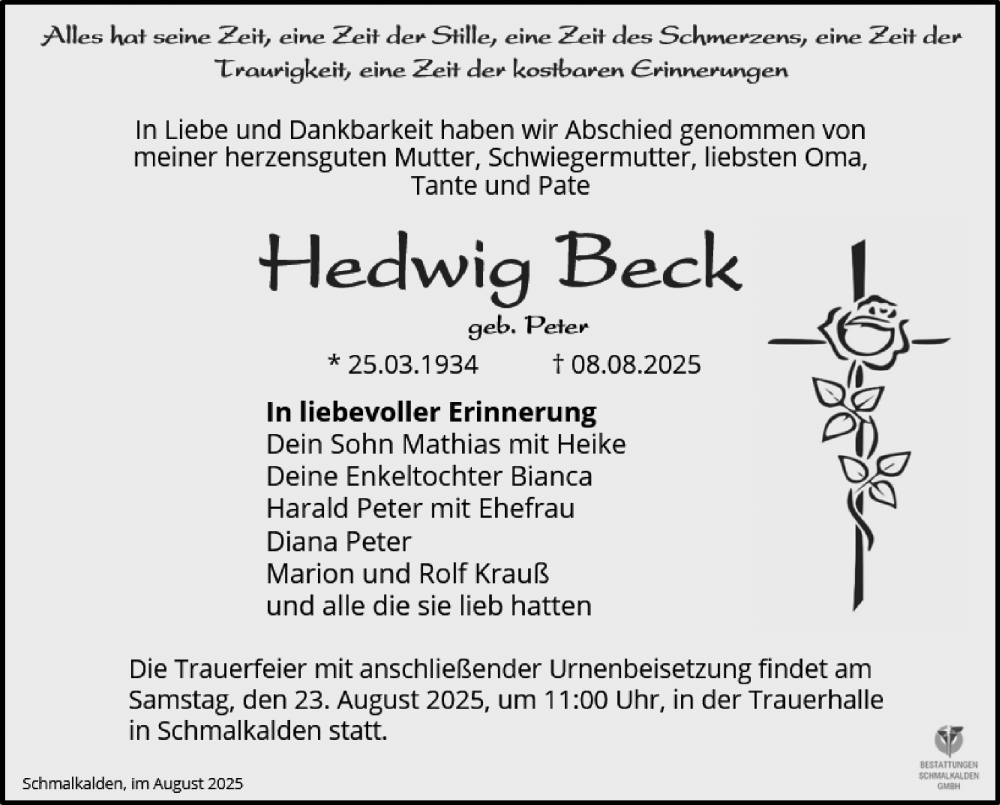  Traueranzeige für Hedwig Beck vom 16.08.2025 aus Südthüringer Presse