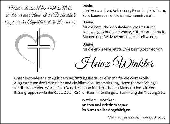 Traueranzeige von Heinz Winkler von Südthüringer Presse