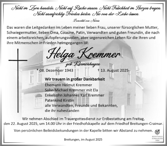 Traueranzeige von Helga Kremmer von Südthüringer Presse