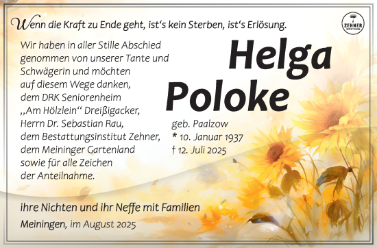 Traueranzeige von Helga Poloke von Südthüringer Presse