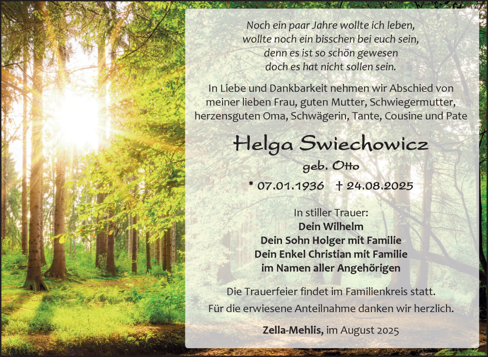  Traueranzeige für Helga Swiechowicz vom 30.08.2025 aus Südthüringer Presse