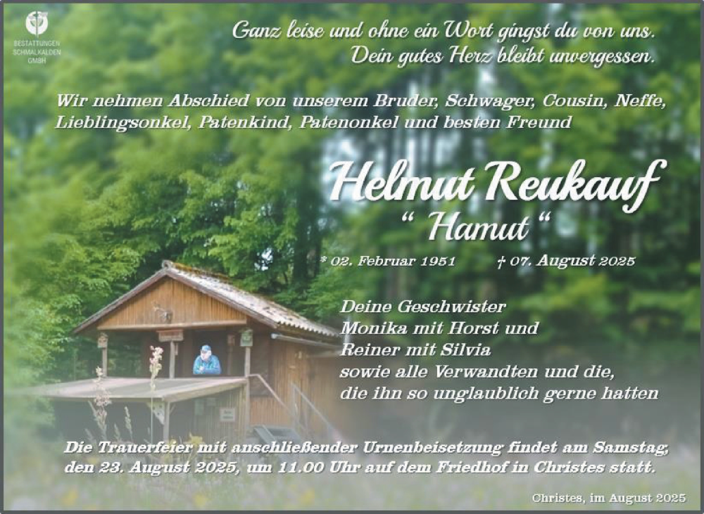  Traueranzeige für Helmut Reukauf vom 16.08.2025 aus Südthüringer Presse
