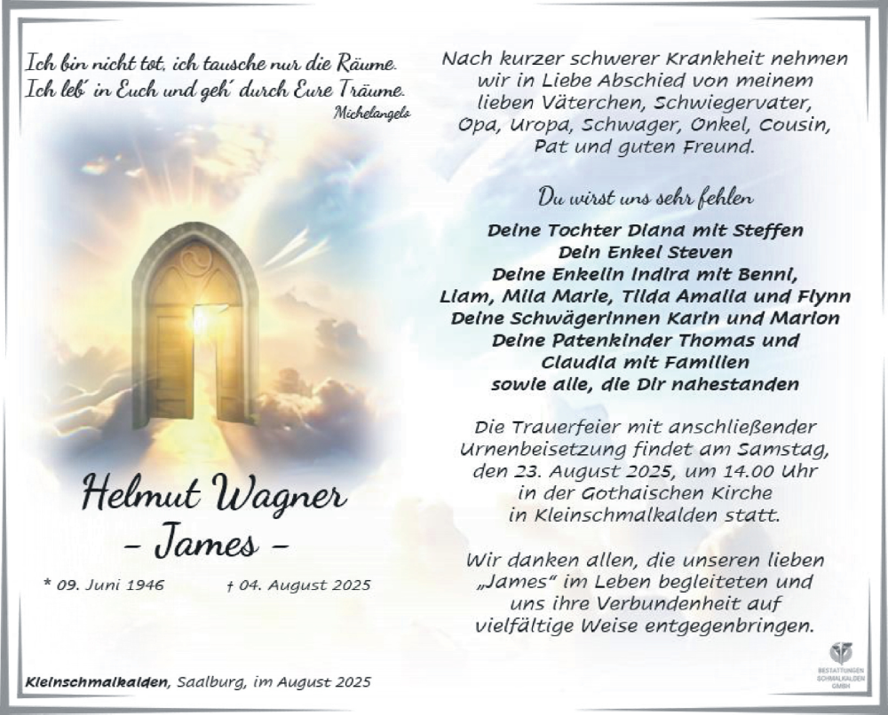  Traueranzeige für Helmut Wagner vom 16.08.2025 aus Südthüringer Presse