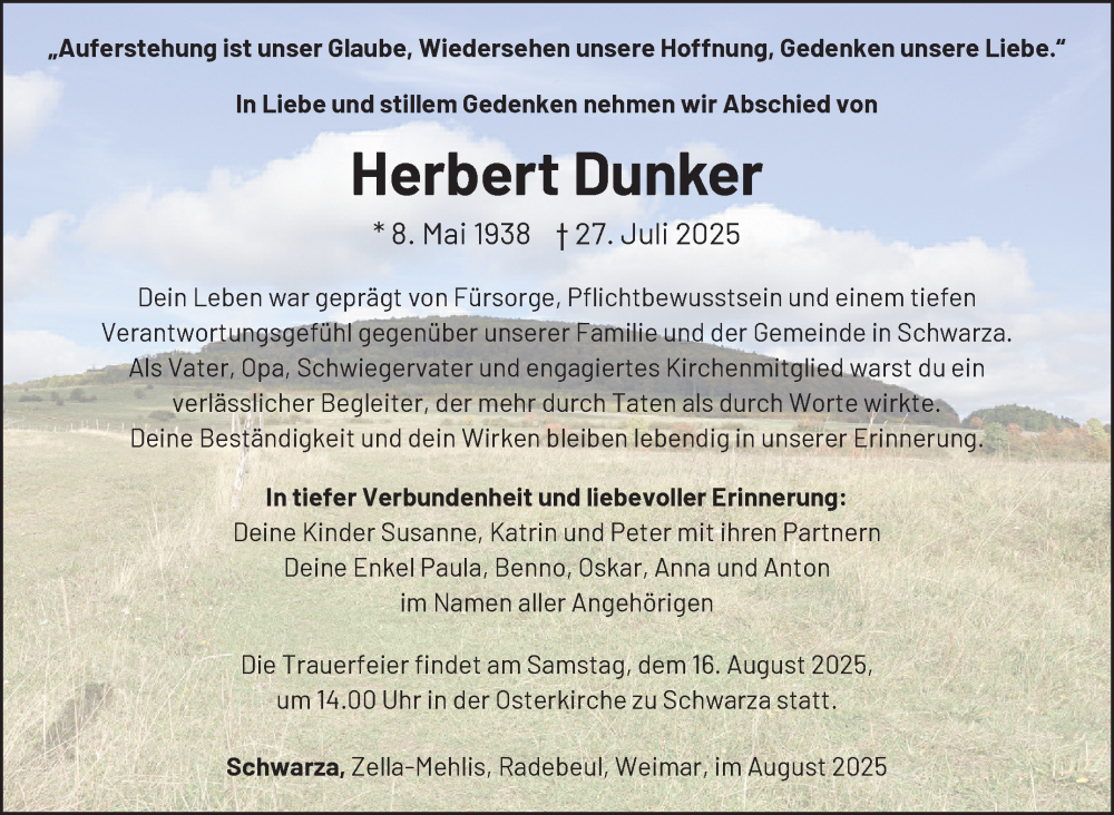  Traueranzeige für Herbert Dunker vom 09.08.2025 aus Südthüringer Presse