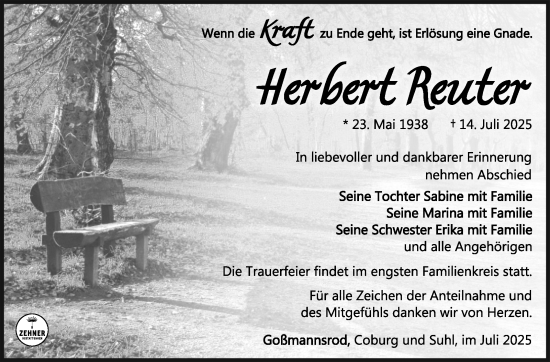 Traueranzeige von Herbert Reuter von Südthüringer Presse