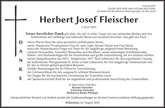 Traueranzeige von Herbert Josef Fleischer von Südthüringer Presse