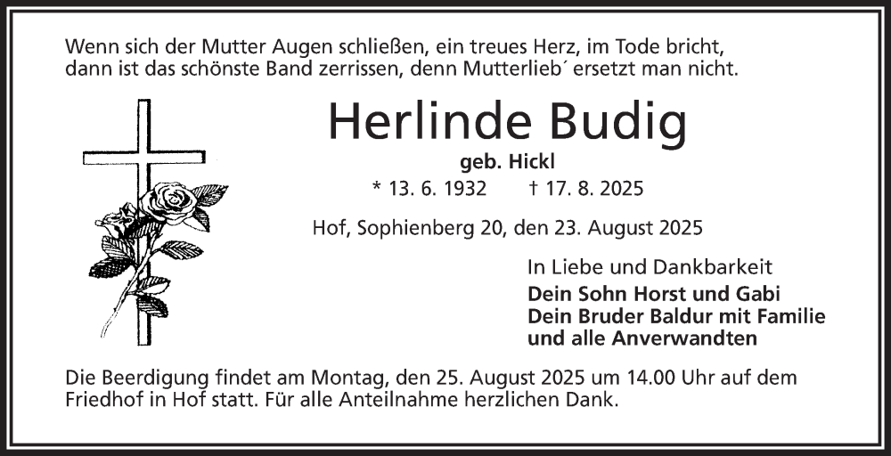  Traueranzeige für Herlinde Budig vom 23.08.2025 aus Frankenpost