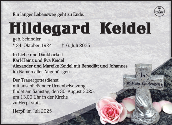 Traueranzeige von Hildegard Keidel von Südthüringer Presse