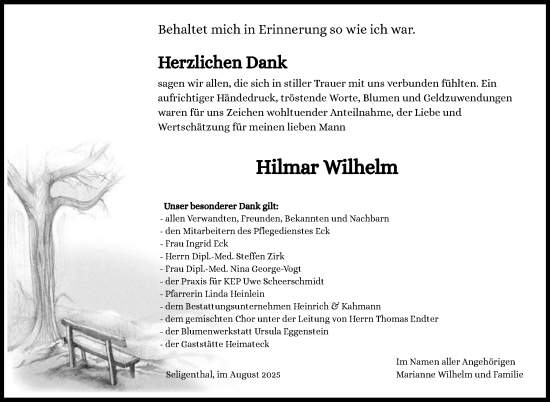 Traueranzeige von Hilmar Wilhelm von Südthüringer Presse