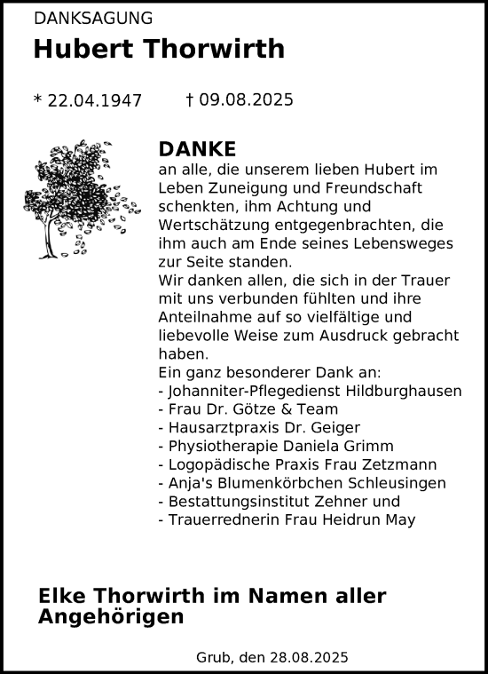 Traueranzeige von Hubert Thorwirth von Südthüringer Presse