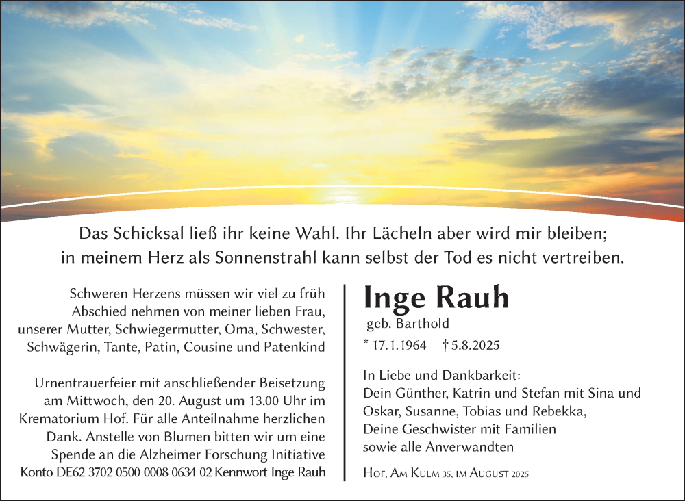  Traueranzeige für Inge Rauh vom 16.08.2025 aus Frankenpost