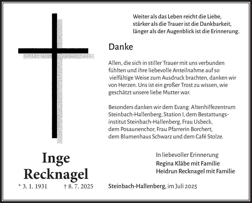  Traueranzeige für Inge Recknagel vom 09.08.2025 aus Südthüringer Presse