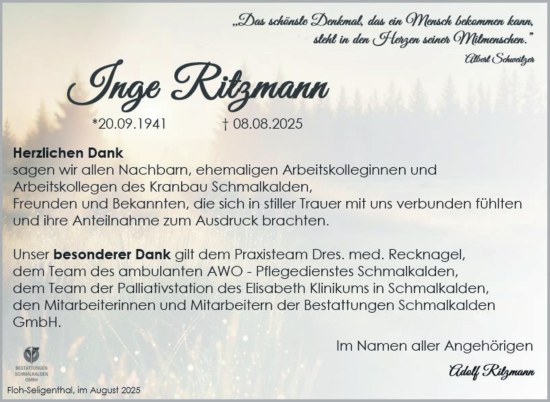 Traueranzeige von Inge Ritzmann von Südthüringer Presse