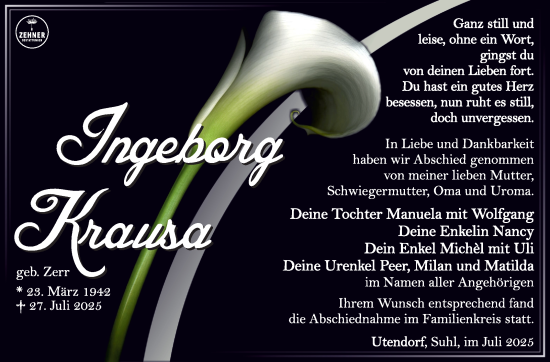 Traueranzeige von Ingeborg Krausa von Südthüringer Presse