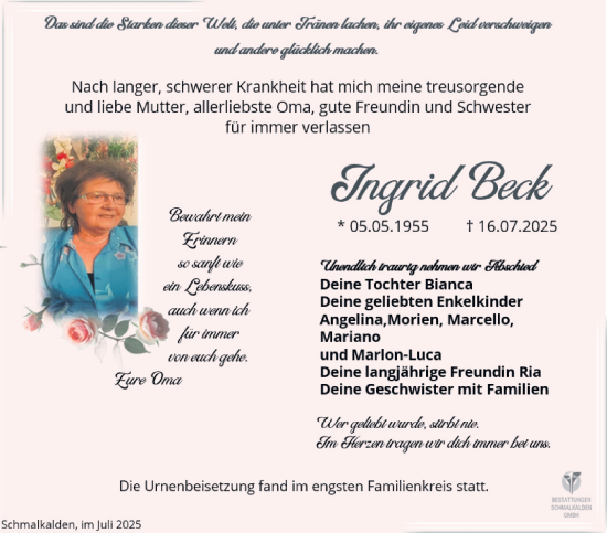 Traueranzeige von Ingrid Beck von Südthüringer Presse