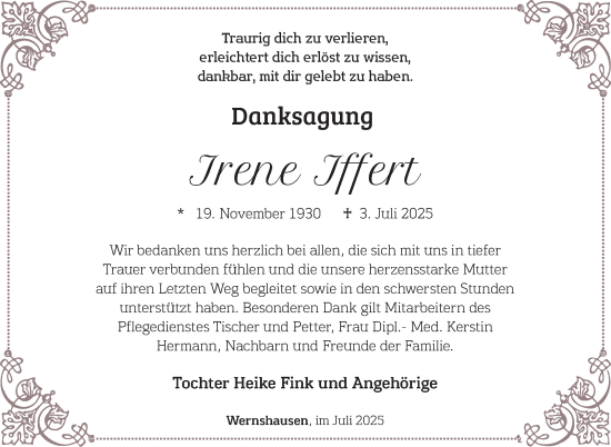 Traueranzeige von Irene Iffert von Südthüringer Presse