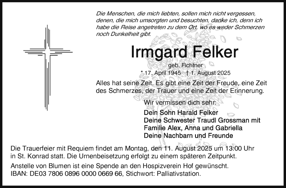  Traueranzeige für Irmgard Felker vom 09.08.2025 aus Frankenpost