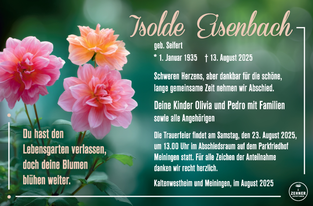  Traueranzeige für Isolde Eisenbach vom 20.08.2025 aus Südthüringer Presse