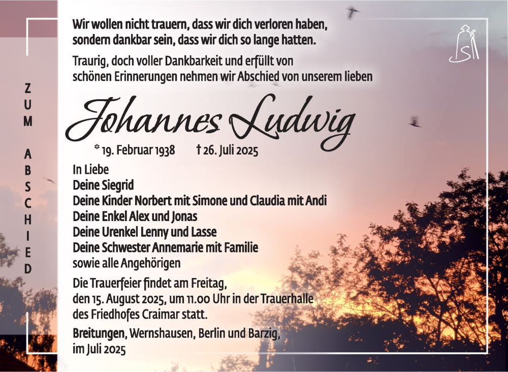  Traueranzeige für Johannes Ludwig vom 09.08.2025 aus Südthüringer Presse