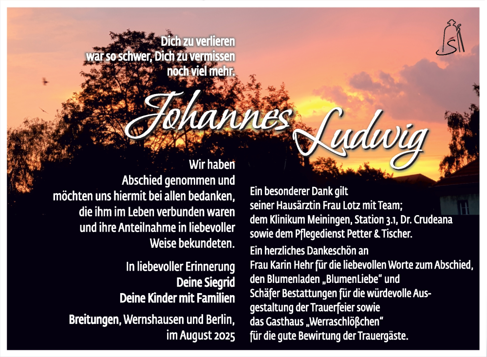  Traueranzeige für Johannes Ludwig vom 30.08.2025 aus Südthüringer Presse