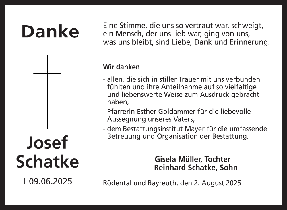  Traueranzeige für Josef Schatke vom 02.08.2025 aus Neue Presse Coburg