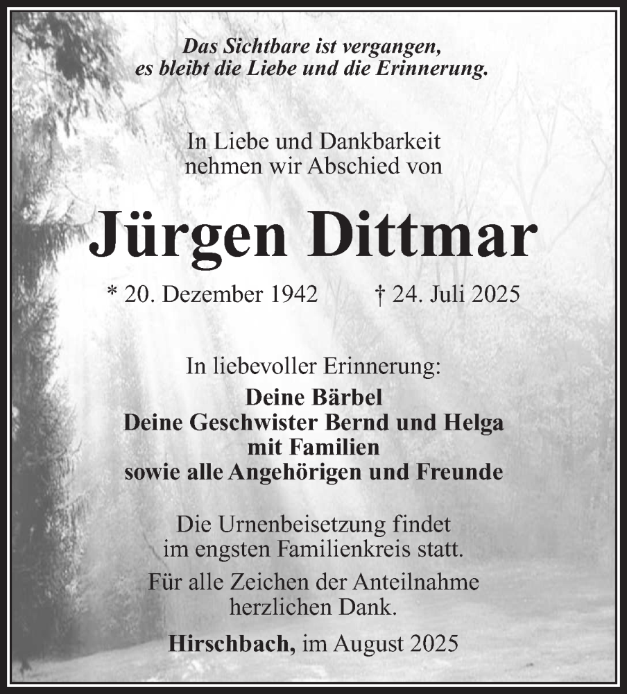  Traueranzeige für Jürgen Dittmar vom 02.08.2025 aus Südthüringer Presse