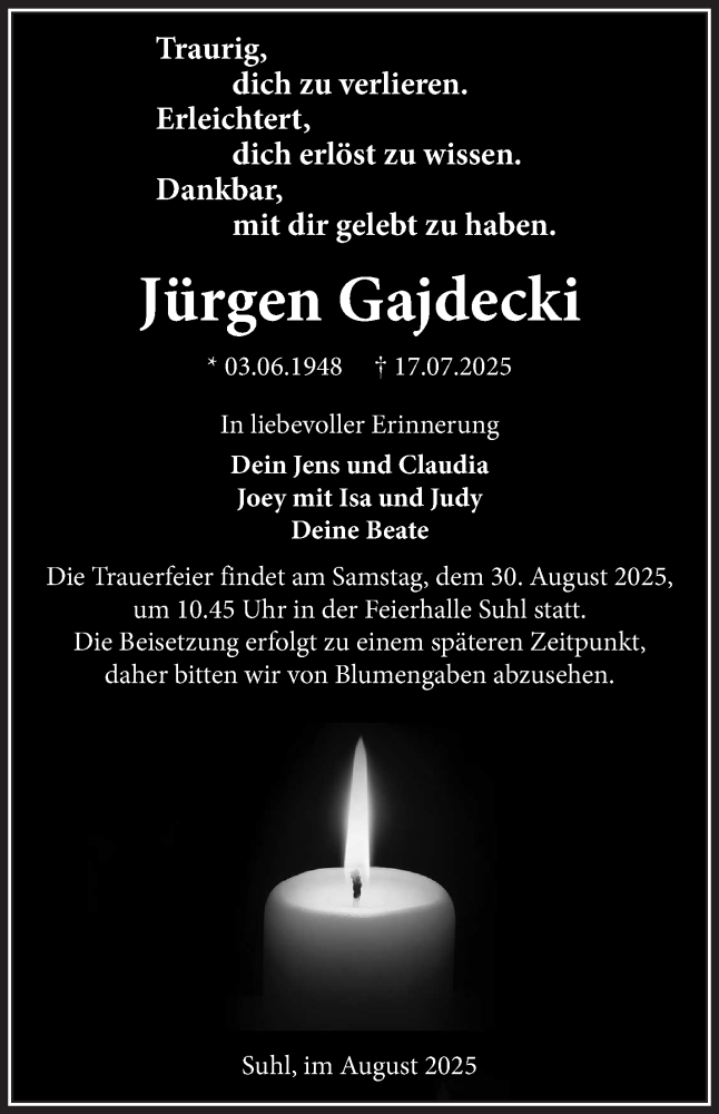  Traueranzeige für Jürgen Gajdecki vom 16.08.2025 aus Südthüringer Presse