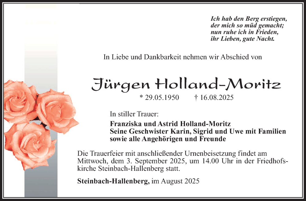  Traueranzeige für Jürgen Holland-Moritz vom 23.08.2025 aus Südthüringer Presse
