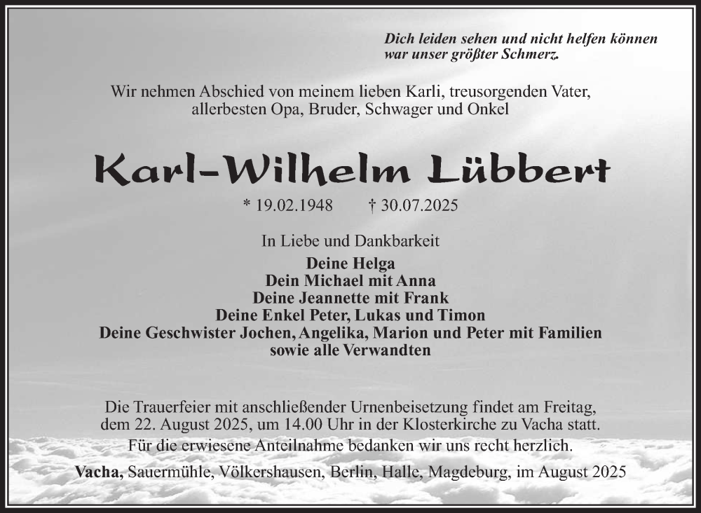  Traueranzeige für Karl-Wilhelm Lübbert vom 16.08.2025 aus Südthüringer Presse