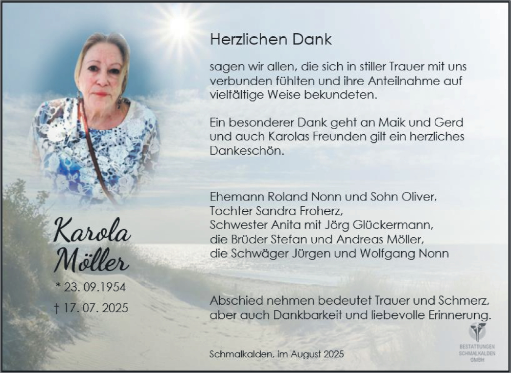  Traueranzeige für Karola Möller vom 30.08.2025 aus Südthüringer Presse