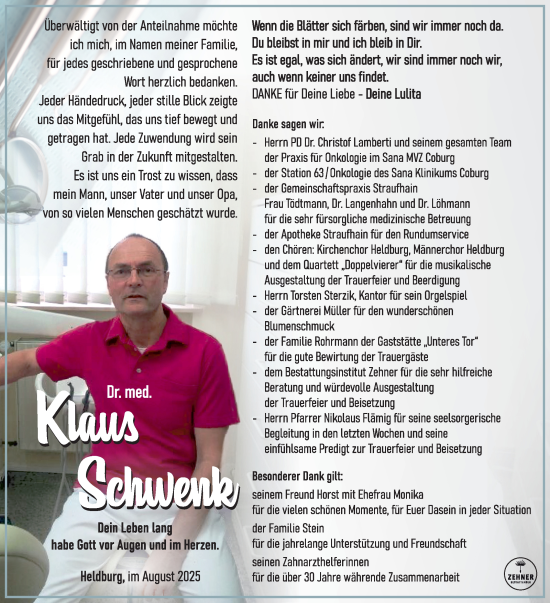 Traueranzeige von Klaus Schwenk von Südthüringer Presse