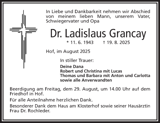 Traueranzeige von Ladislaus Grancay von Frankenpost