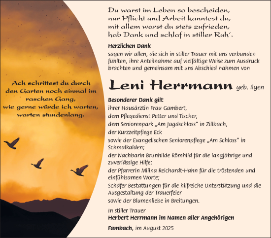 Traueranzeige von Leni Herrmann von Südthüringer Presse