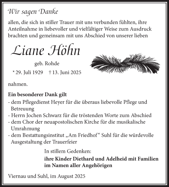 Traueranzeige von Liane Höhn von Südthüringer Presse