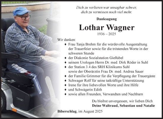 Traueranzeige von Lothar Wagner von Südthüringer Presse
