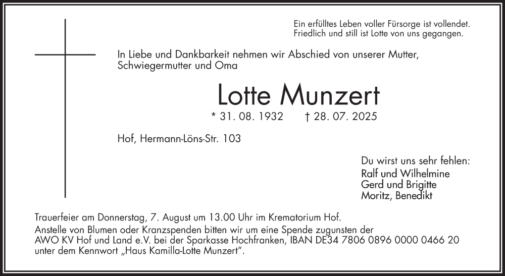  Traueranzeige für Lotte Munzert vom 02.08.2025 aus Frankenpost