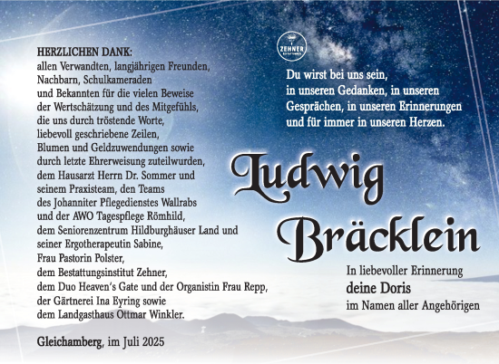 Traueranzeige von Ludwig Bräcklein von Südthüringer Presse